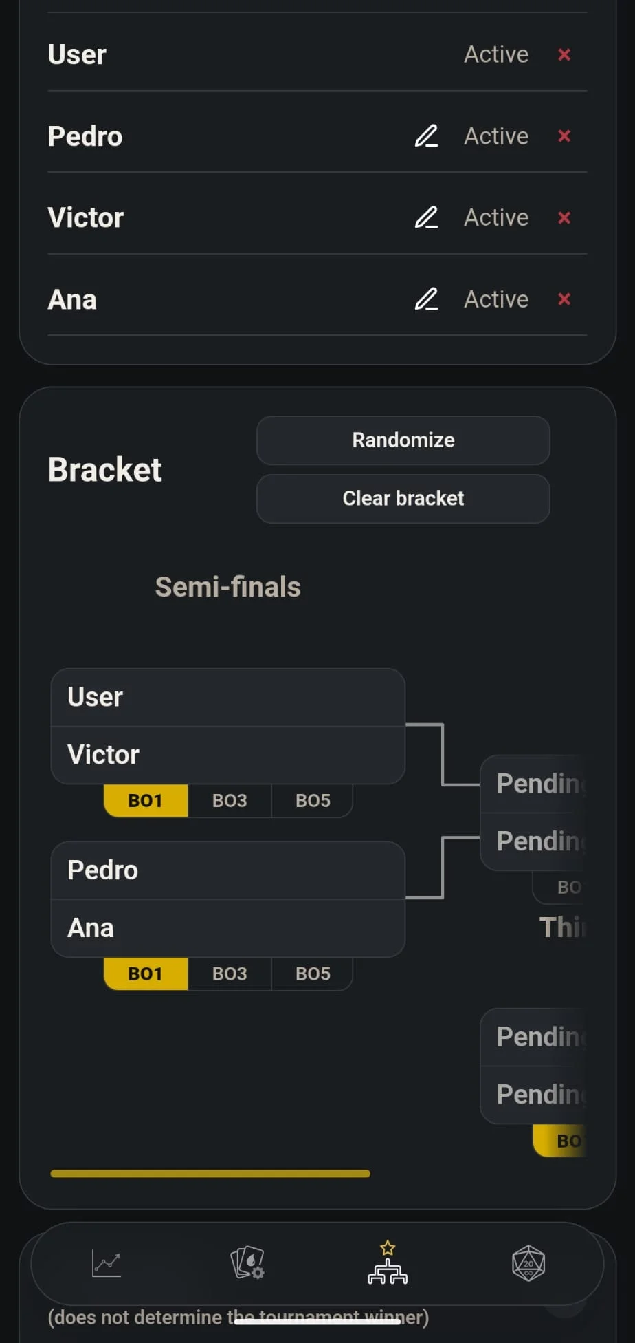 MTG Tracker dark tournament bracket editor