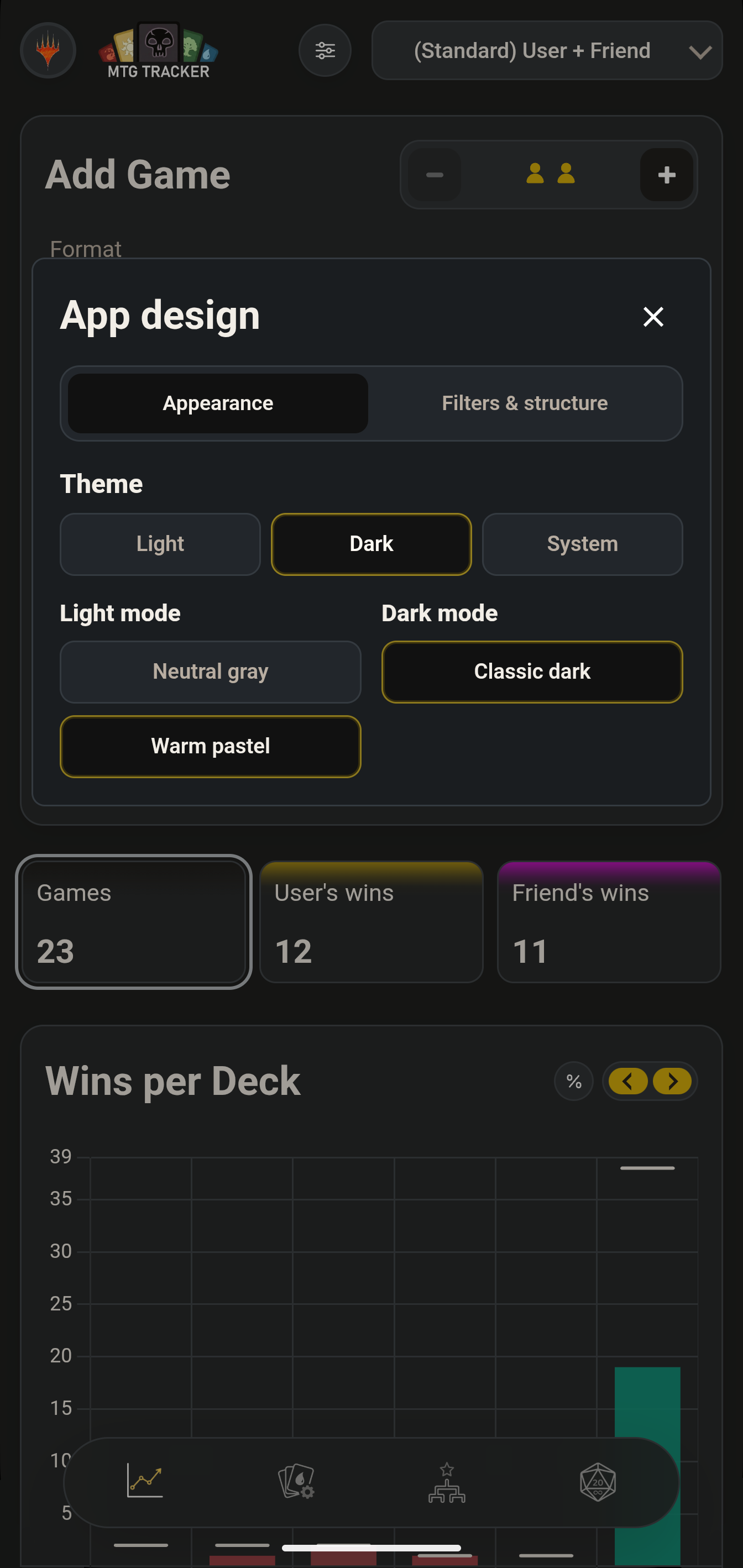 MTG Tracker dark Appearance settings