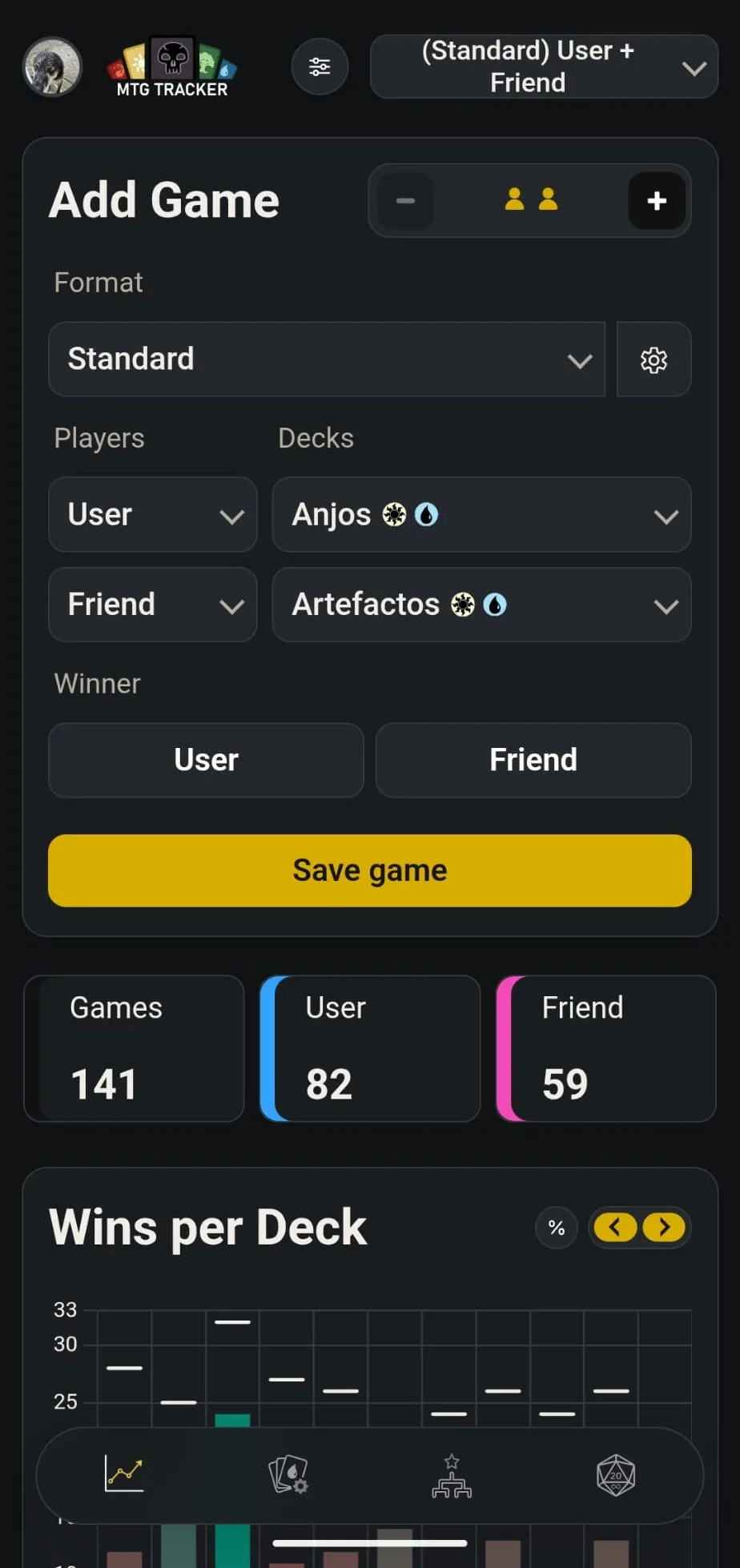 MTG Tracker dark stats screen